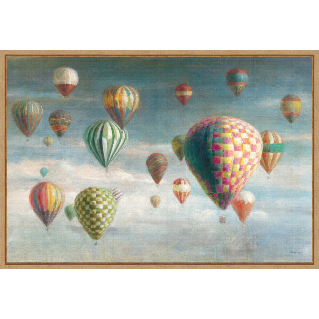 Hot Air Balloons with Pink Crop by Danhui Nai 23-in. W x 16-in. H. Canvas Wall Art Print Framed in Natural